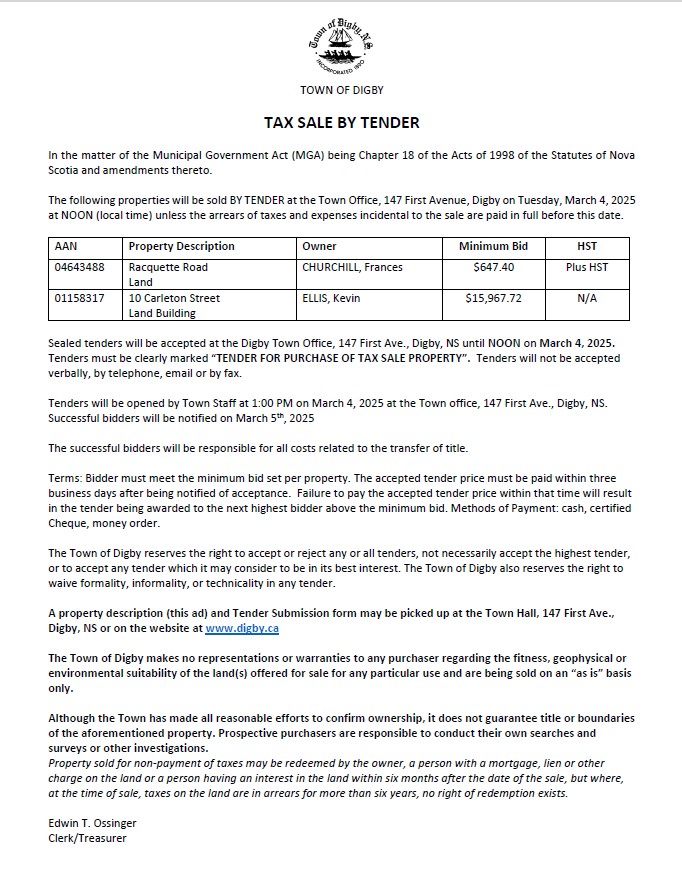 Notice of Tax Sale by Tender March 4, 2025