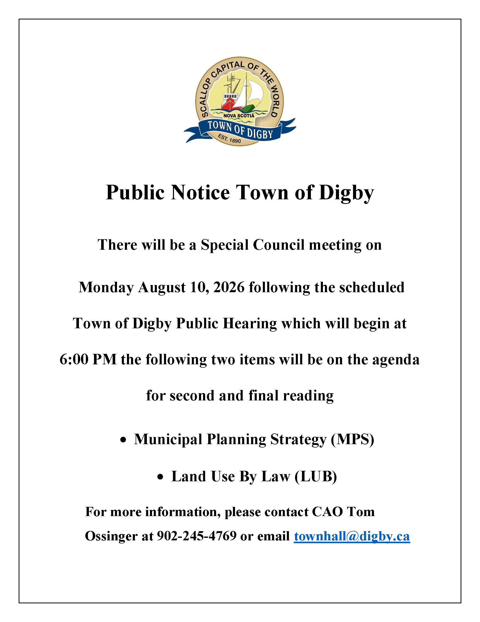 Special Council Meeting POST Public Hearing August 10 2026