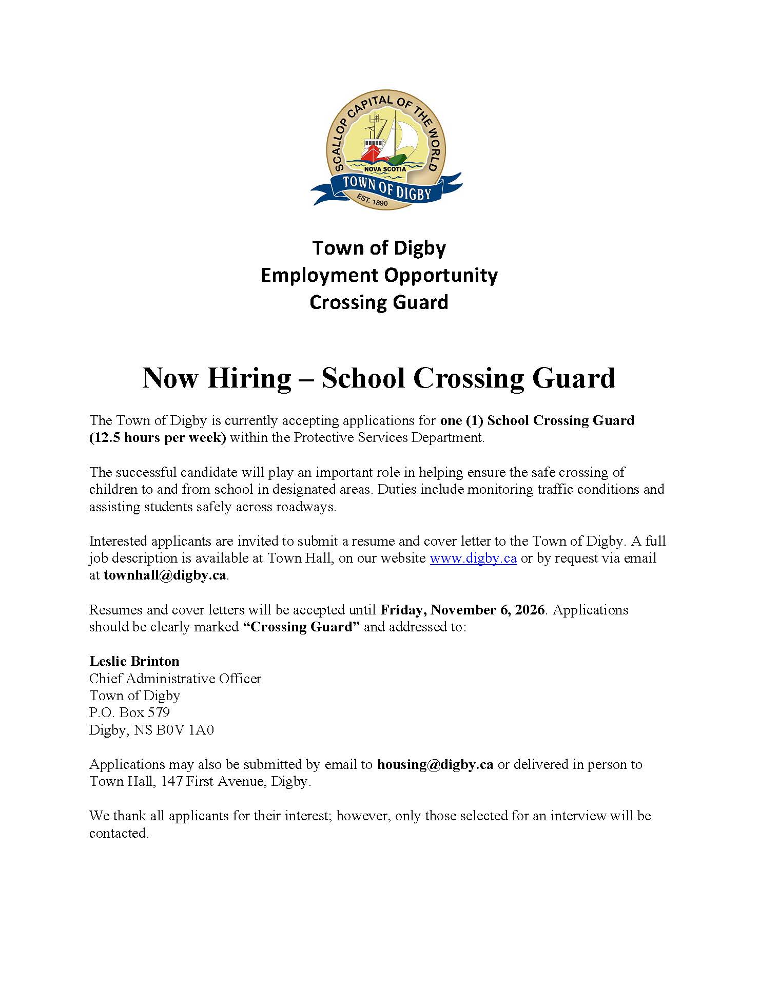 Public Job Posting Crossing Guard October 2026